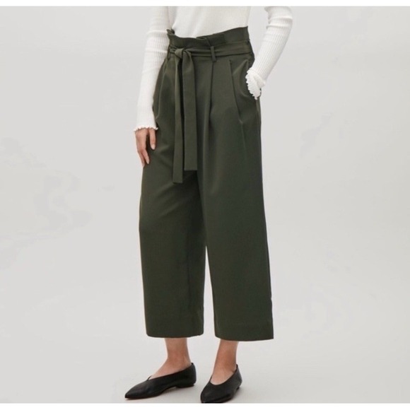 COS Green Wide Leg Paper Bag Waist Cropped Pants Tie Belt Pleated Size 6 Career - Picture 1 of 9